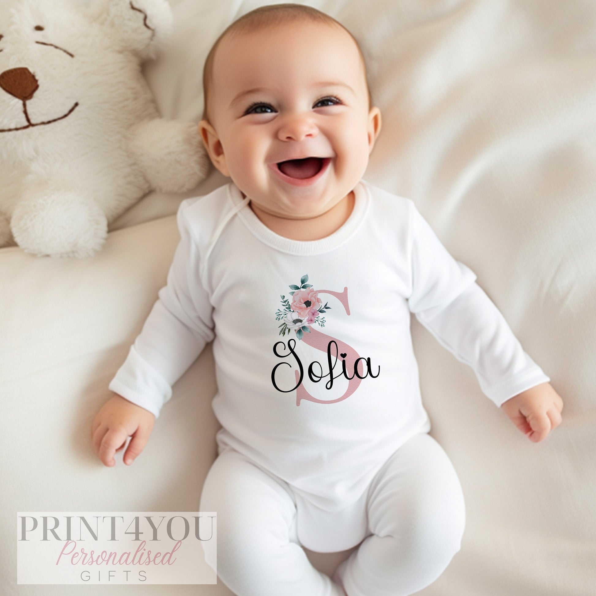 Personalised Baby Girl Sleepsuit, pink floral print detail