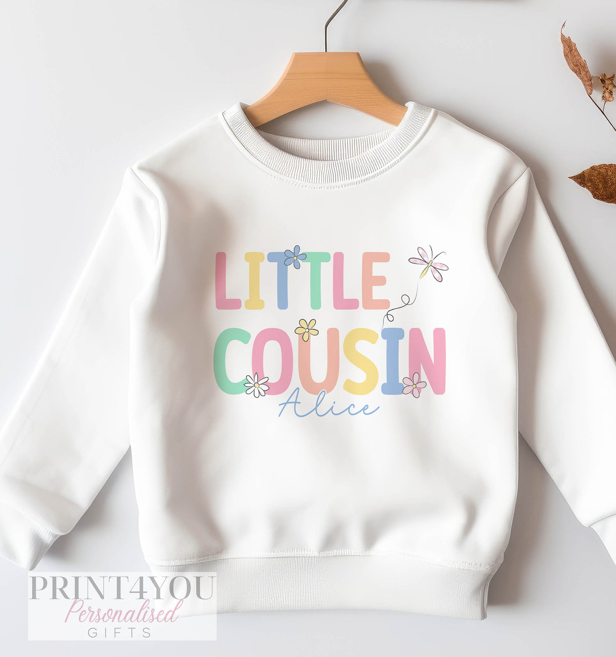 Personalised Big or Little Cousin Jumper, Birthday Sweatshirt for Children, Promoted to Big Cousin, Little Cousin, pastel design & Flowers - 6-12 months