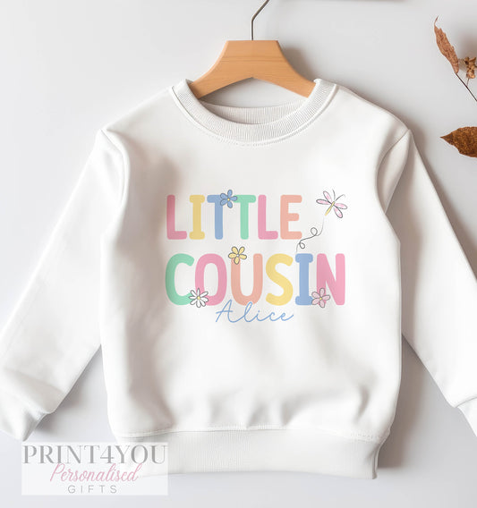 Personalised Big or Little Cousin Jumper, Birthday Sweatshirt for Children, Promoted to Big Cousin, Little Cousin, pastel design & Flowers - 6-12 months