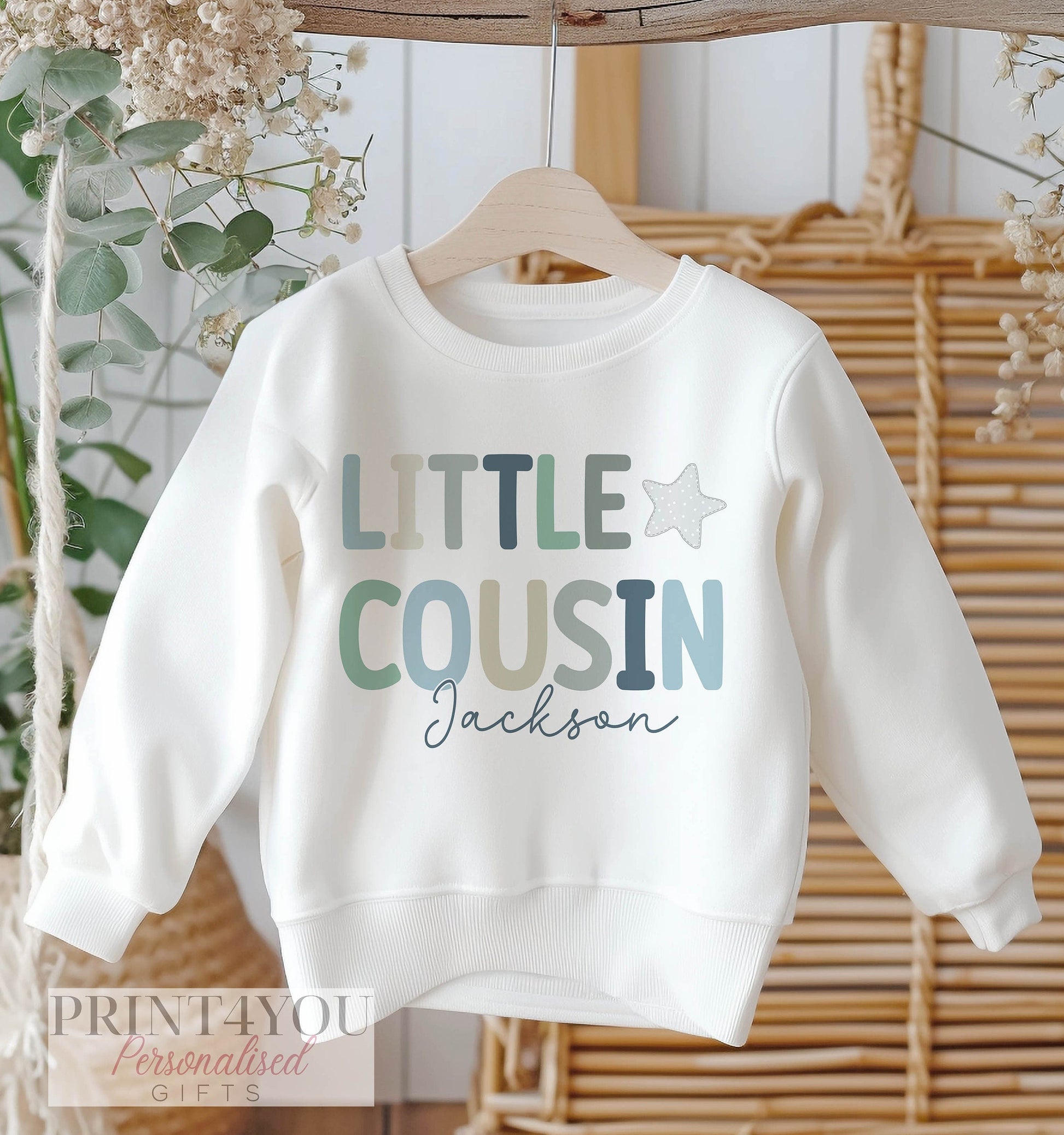 Personalised Big or Little Cousin Jumper, Birthday Sweatshirt for Children, Promoted to Big Cousin, Little Cousin, Boys Design & Star - 6-12 months