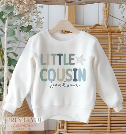 Personalised Big or Little Cousin Jumper, Birthday Sweatshirt for Children, Promoted to Big Cousin, Little Cousin, Boys Design & Star - 6-12 months