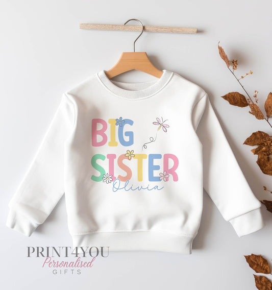 Personalised Big or Little Sister Jumper, Birthday Sweatshirt for Children, Promoted to Big Sister, Little Sister, pastel design & Flowers - 6-12 months