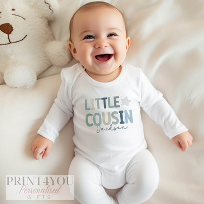 Close-up of the personalised name print on the Little Cousin outfit