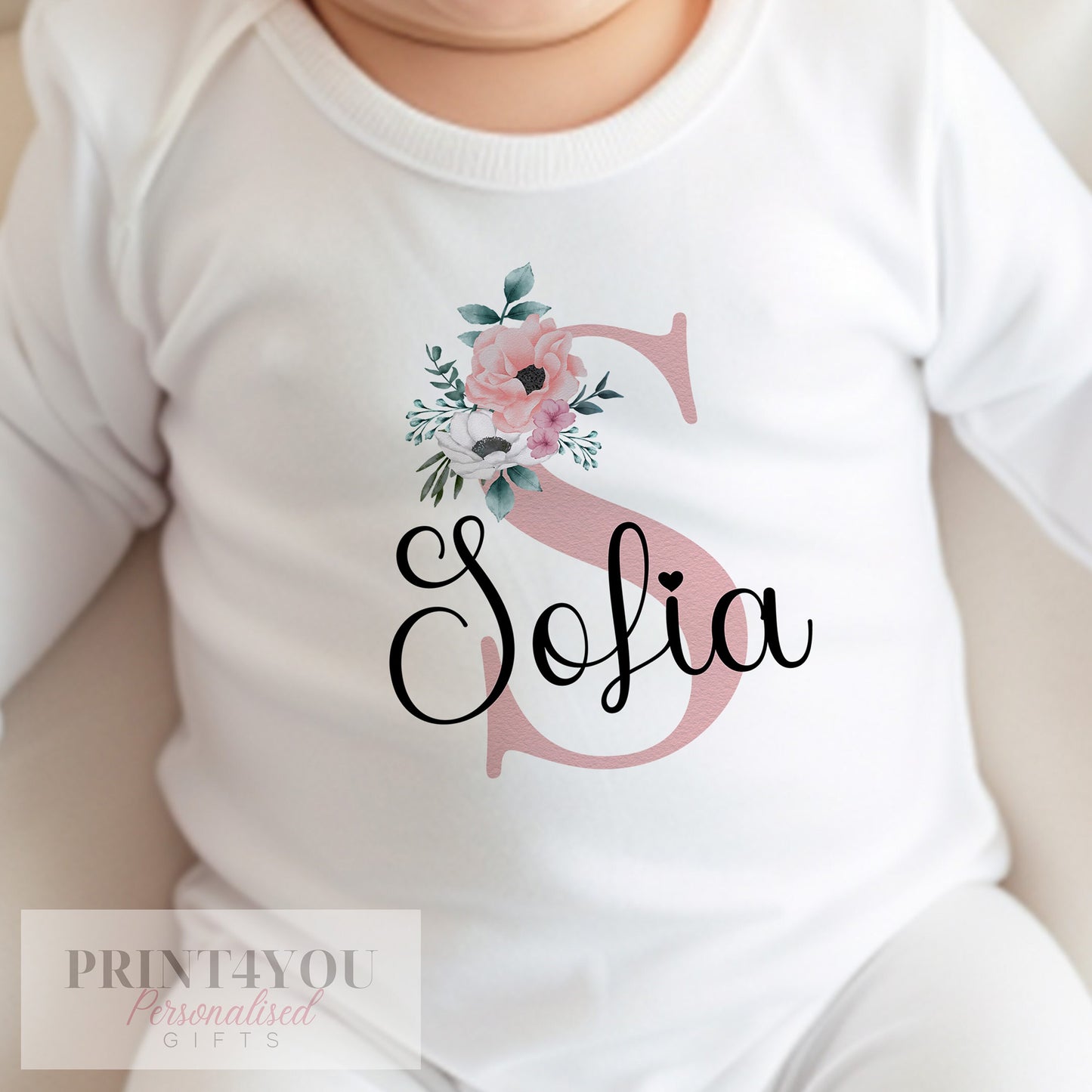 Personalised Baby Girl vest with pink floral name design