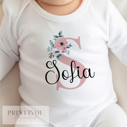 Personalised Baby Girl vest with pink floral name design