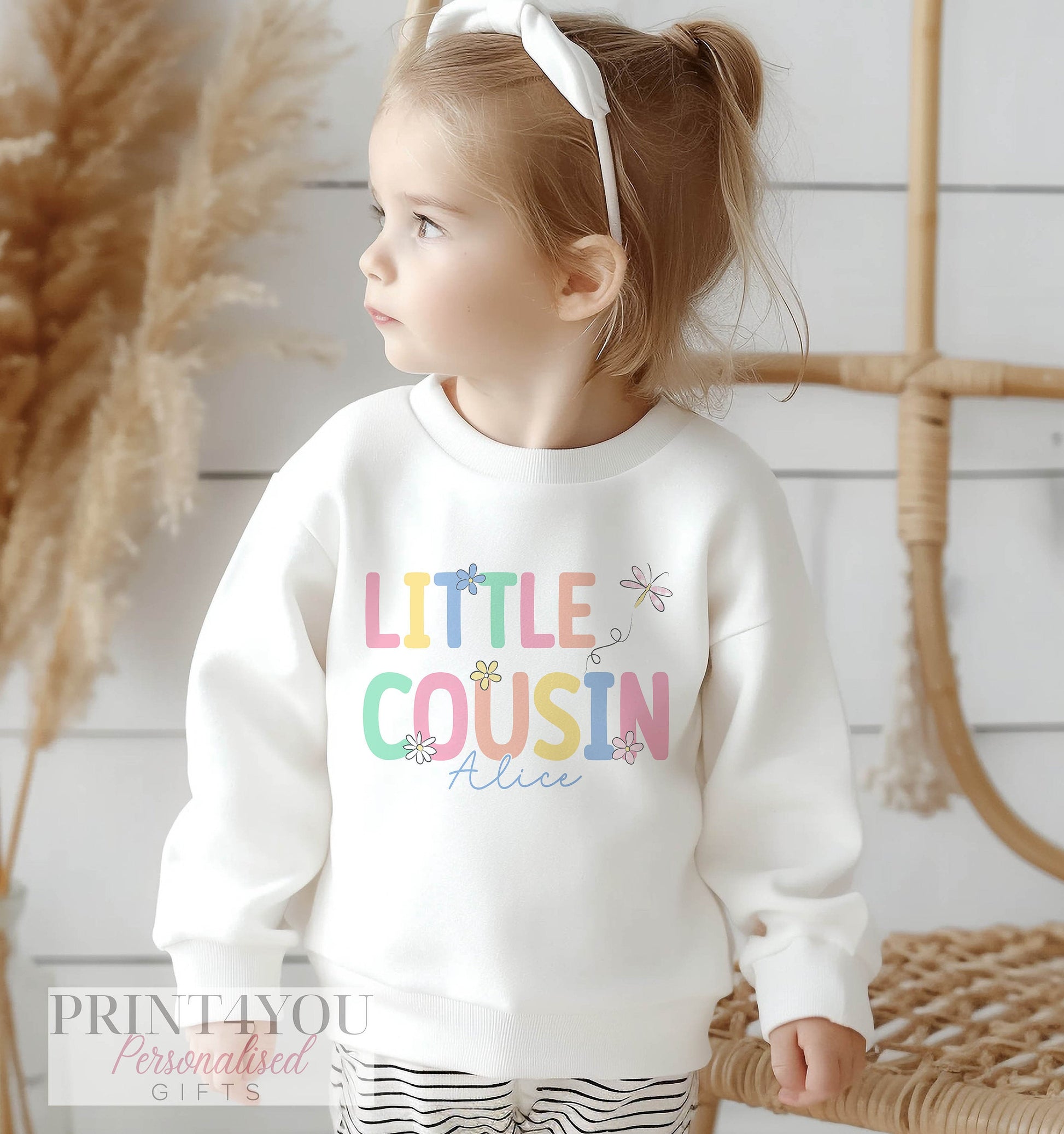 Personalised Big or Little Cousin Jumper, Birthday Sweatshirt for Children, Promoted to Big Cousin, Little Cousin, pastel design & Flowers - 2-3 UK (age)