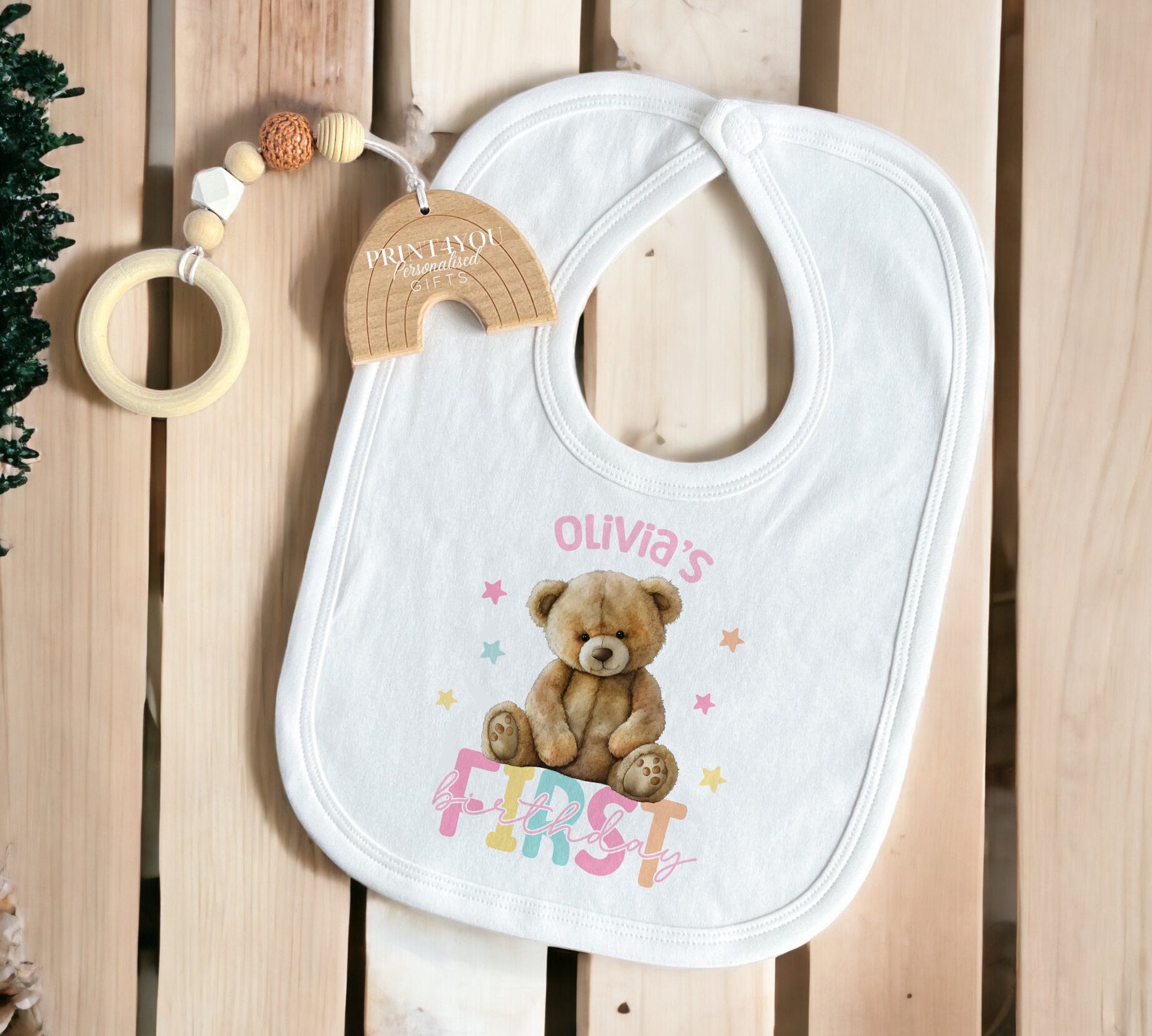 Personalised Girls Teddy Bear first birthday sleepsuit, soft and comfortable for baby.