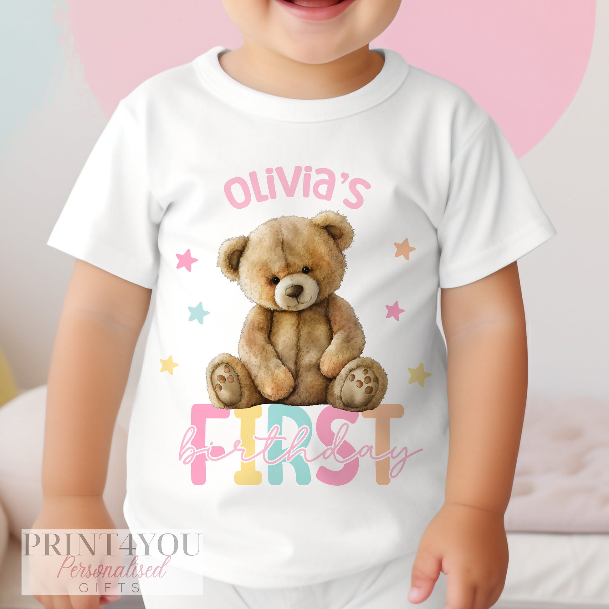 Personalised Girls Teddy Bear 1st birthday vest with baby's name and a bold number one.
