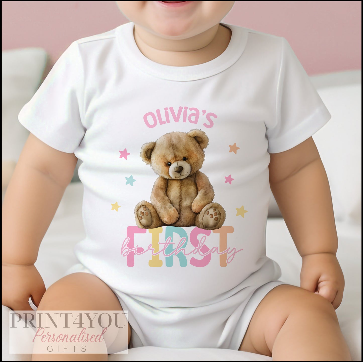 Personalised Girls Teddy Bear 1st birthday bib with baby's name printed on soft cotton.