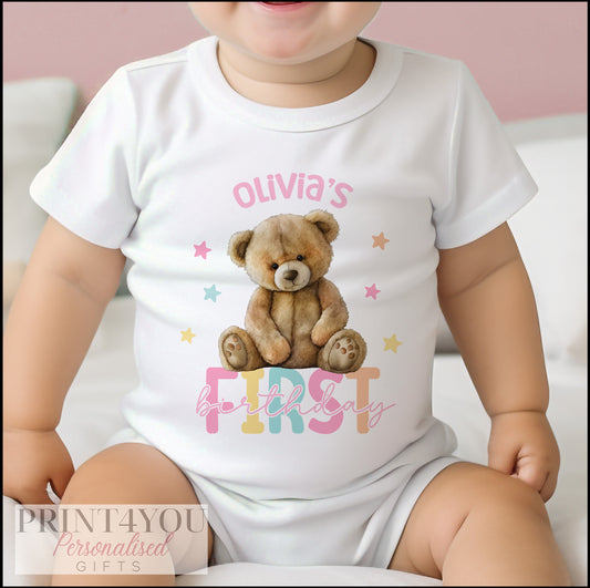 Personalised Girls Teddy Bear 1st birthday bib with baby's name printed on soft cotton.