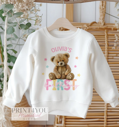 Personalised First Birthday Jumper, Birthday Sweatshirt for Children, Teddy bear 1st Birthday, Girls Pink Pastel Design - 6-12m SWEATSHIRT