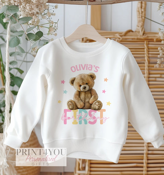 Personalised First Birthday Jumper, Birthday Sweatshirt for Children, Teddy bear 1st Birthday, Girls Pink Pastel Design - 6-12m SWEATSHIRT