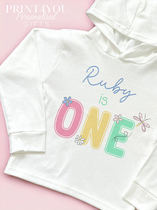 Girls Daisy First Birthday T – shirt with hood – personalised cotton jersey top, Lightweight long – sleeved tee - 6-12m