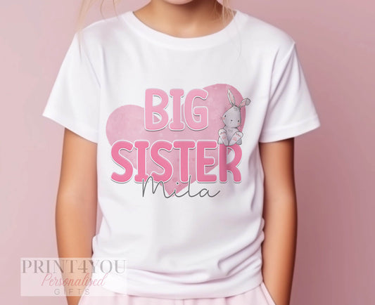 Promoted to Big Sister Heart Design White Personalised Cotton T – Shirt, Big Sister Top, Big Sister Gift, Pregnancy Announcement, Pastel Color - 6-12 months  T-shirt