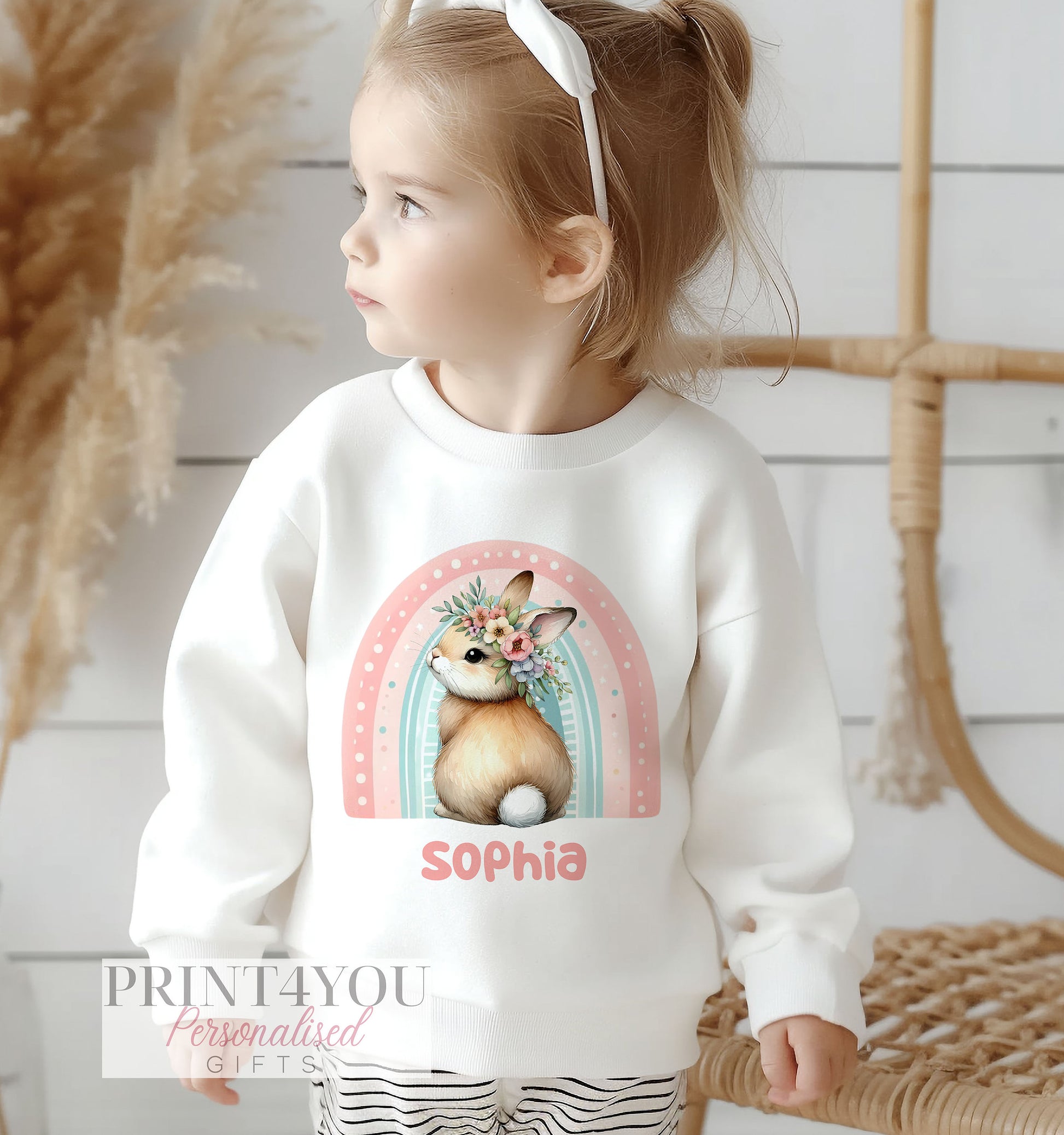 Personalised Sweatshirt Jumper For Children. White Cotton Sweatshirt – Printed Bunny Rabbit and Flowers and name - 1-2 UK (age)