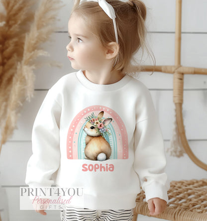 Personalised Sweatshirt Jumper For Children. White Cotton Sweatshirt – Printed Bunny Rabbit and Flowers and name - 1-2 UK (age)