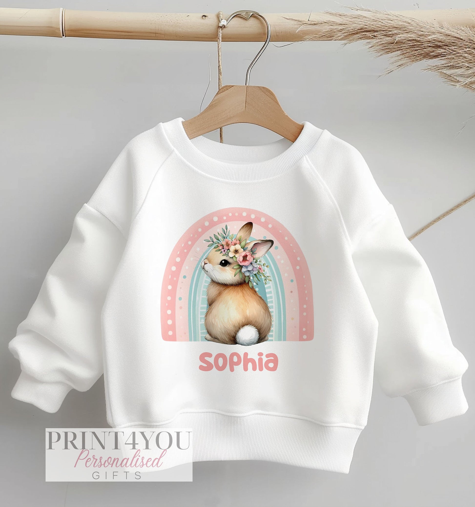 Personalised Sweatshirt Jumper For Children. White Cotton Sweatshirt – Printed Bunny Rabbit and Flowers and name - 6-12 months
