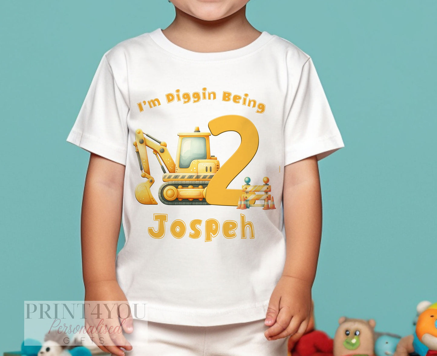 Personalised Digger Birthday T – Shirt ANY AGE – Cotton White Top, Any Age, Construction Digger Party Top, Diggin Being Any Age - 6-12 months