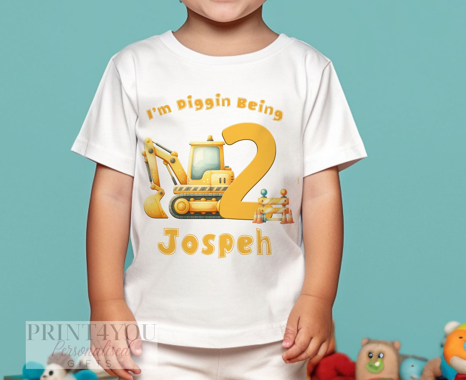 Personalised Digger Birthday T – Shirt ANY AGE – Cotton White Top, Any Age, Construction Digger Party Top, Diggin Being Any Age - 6-12 months