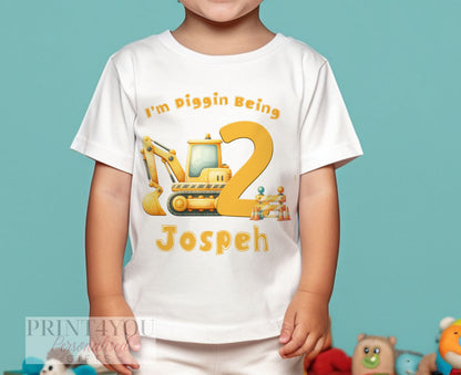 Personalised Digger Birthday T – Shirt ANY AGE – Cotton White Top, Any Age, Construction Digger Party Top, Diggin Being Any Age - 6-12 months