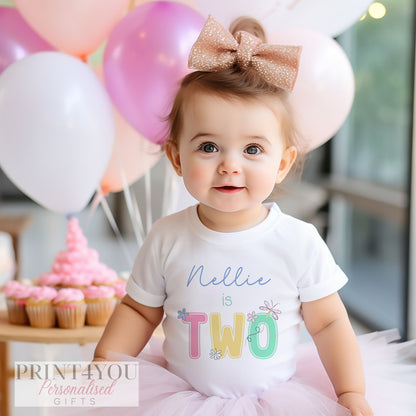 Personalised Pastel Daisy Birthday T – Shirt ANY AGE – Cotton White Top, Any Age, pastel daisy and dragonfly Any Age - 1-2 years