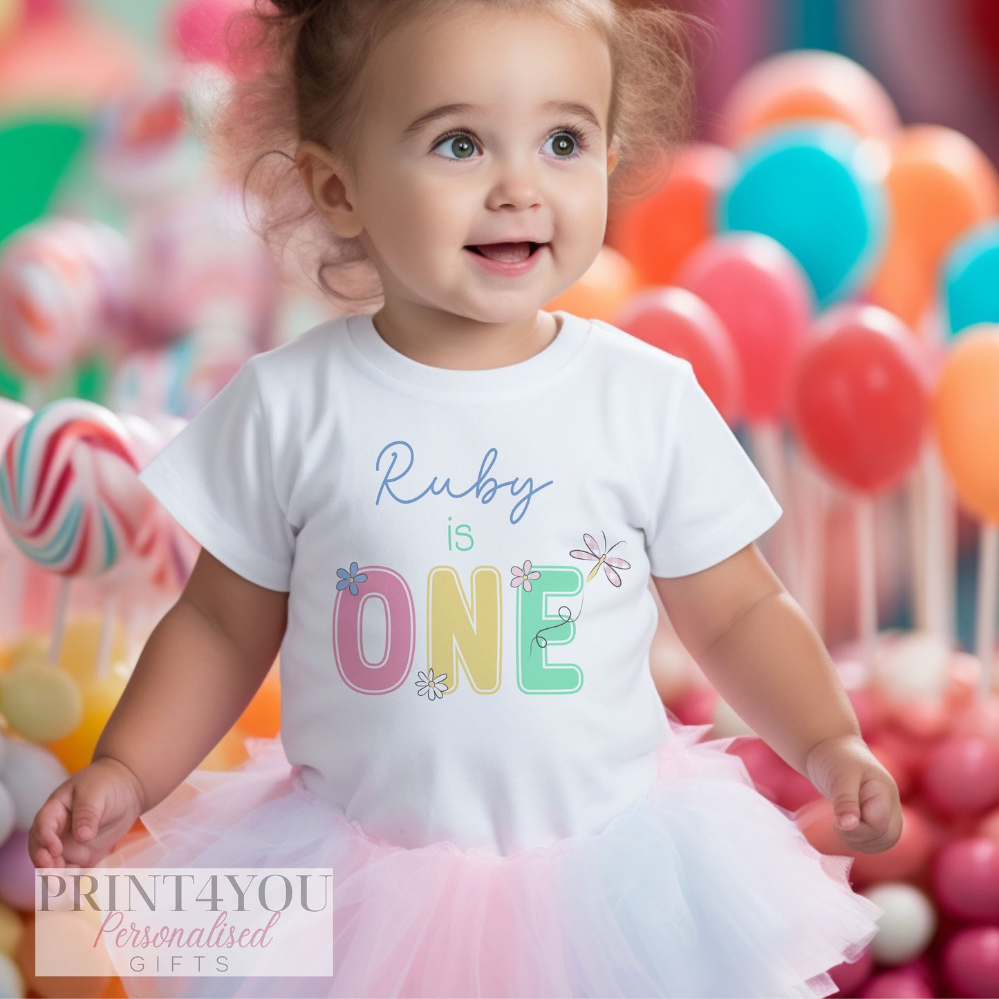 Personalised Pastel Daisy Birthday T – Shirt ANY AGE – Cotton White Top, Any Age, pastel daisy and dragonfly Any Age - 1-2 years