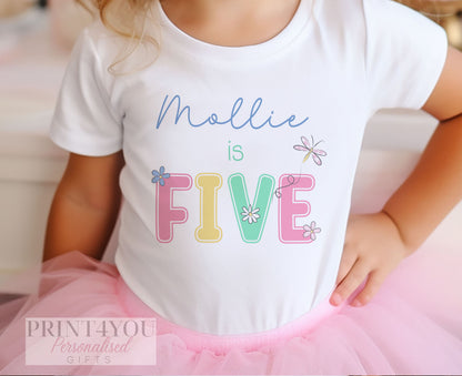 Personalised Pastel Daisy Birthday T – Shirt ANY AGE – Cotton White Top, Any Age, pastel daisy and dragonfly Any Age - 6-12 months