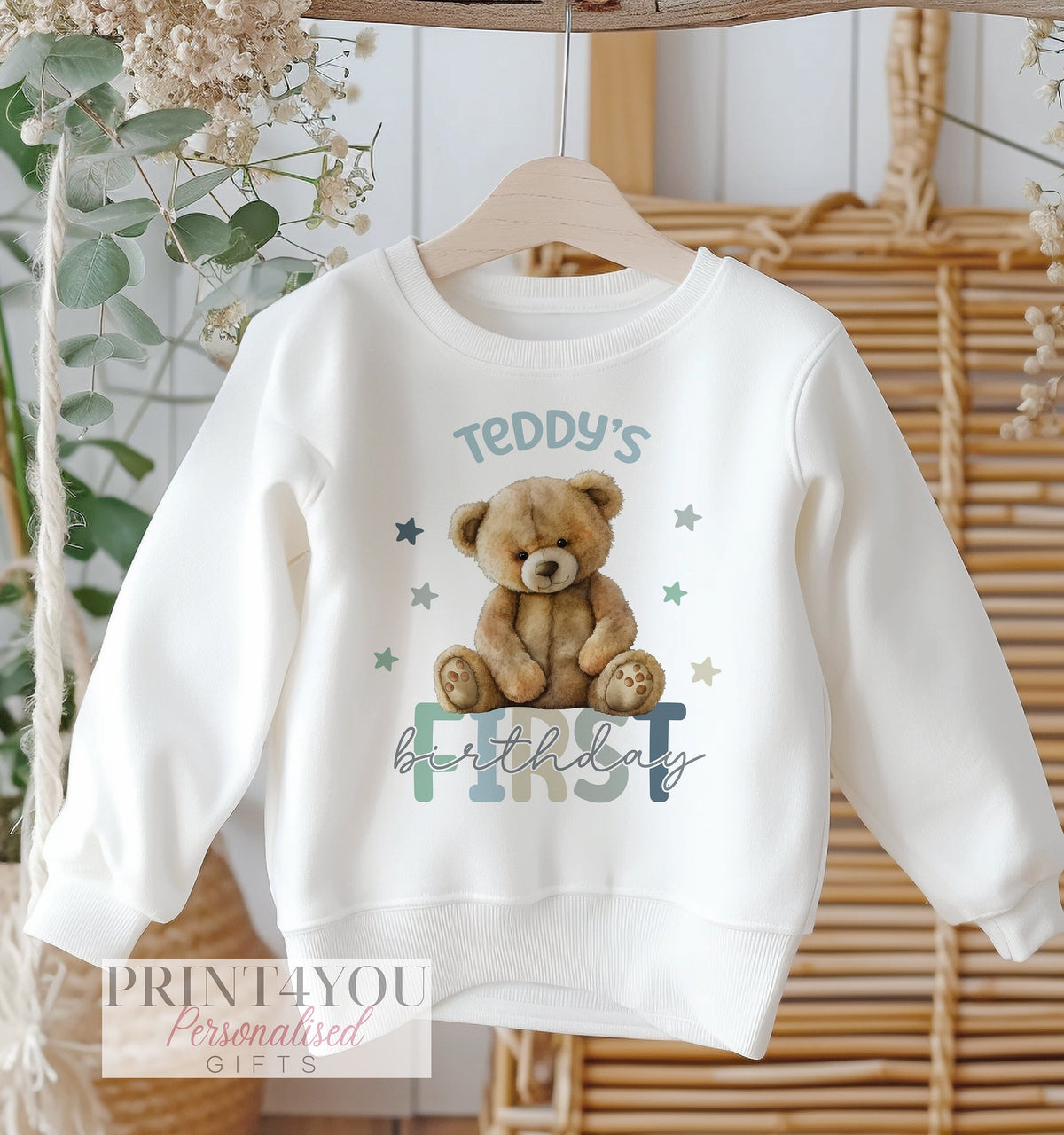 Personalised First Birthday Jumper, Birthday Sweatshirt for Children, Teddy bear 1st Birthday, Boys Blue Pastel Design - 6-12m SWEATSHIRT