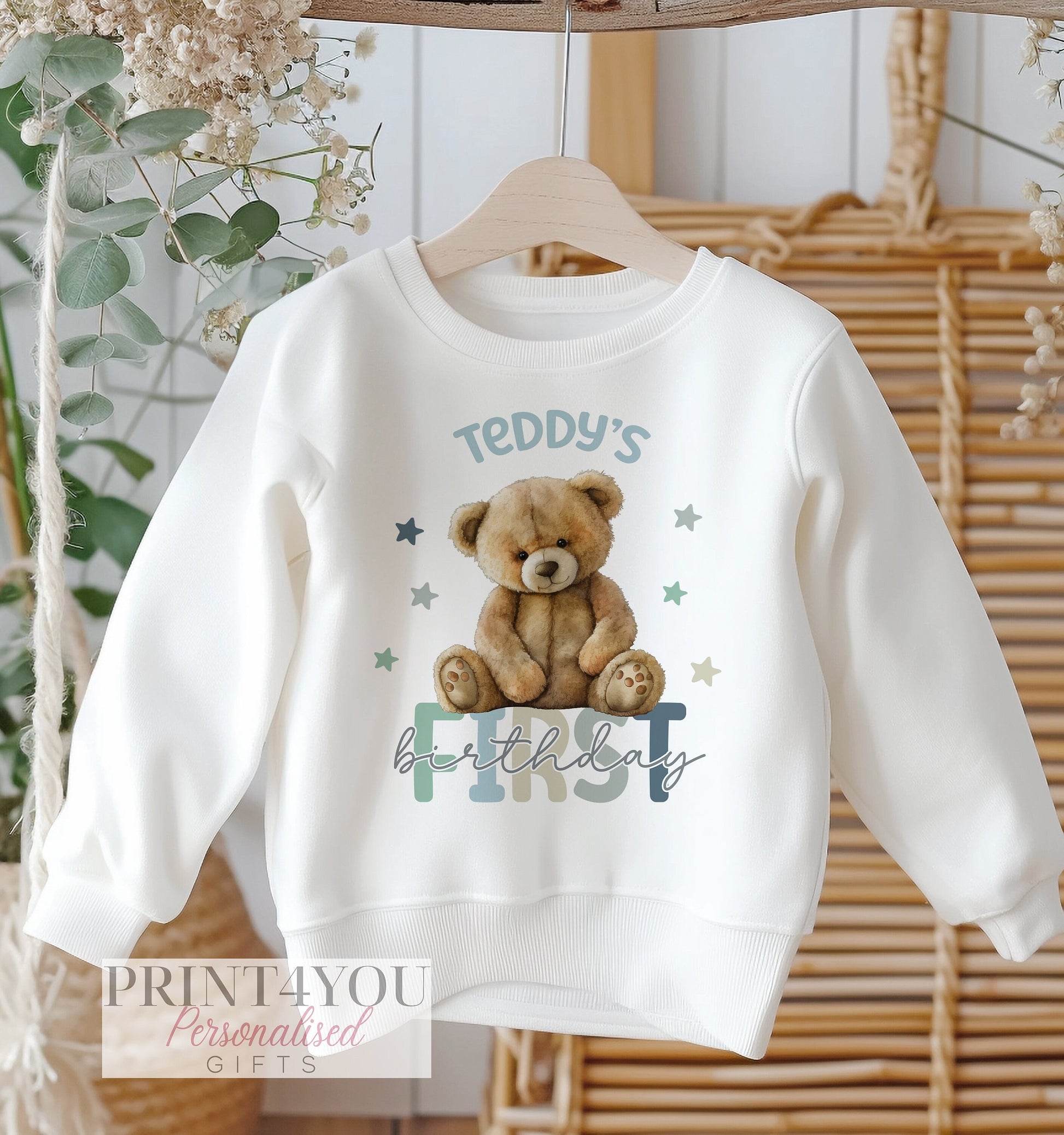 Personalised First Birthday Jumper, Birthday Sweatshirt for Children, Teddy bear 1st Birthday, Boys Blue Pastel Design - 6-12m SWEATSHIRT