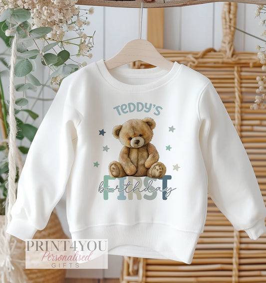 Personalised First Birthday Jumper, Birthday Sweatshirt for Children, Teddy bear 1st Birthday, Boys Blue Pastel Design - 6-12m SWEATSHIRT