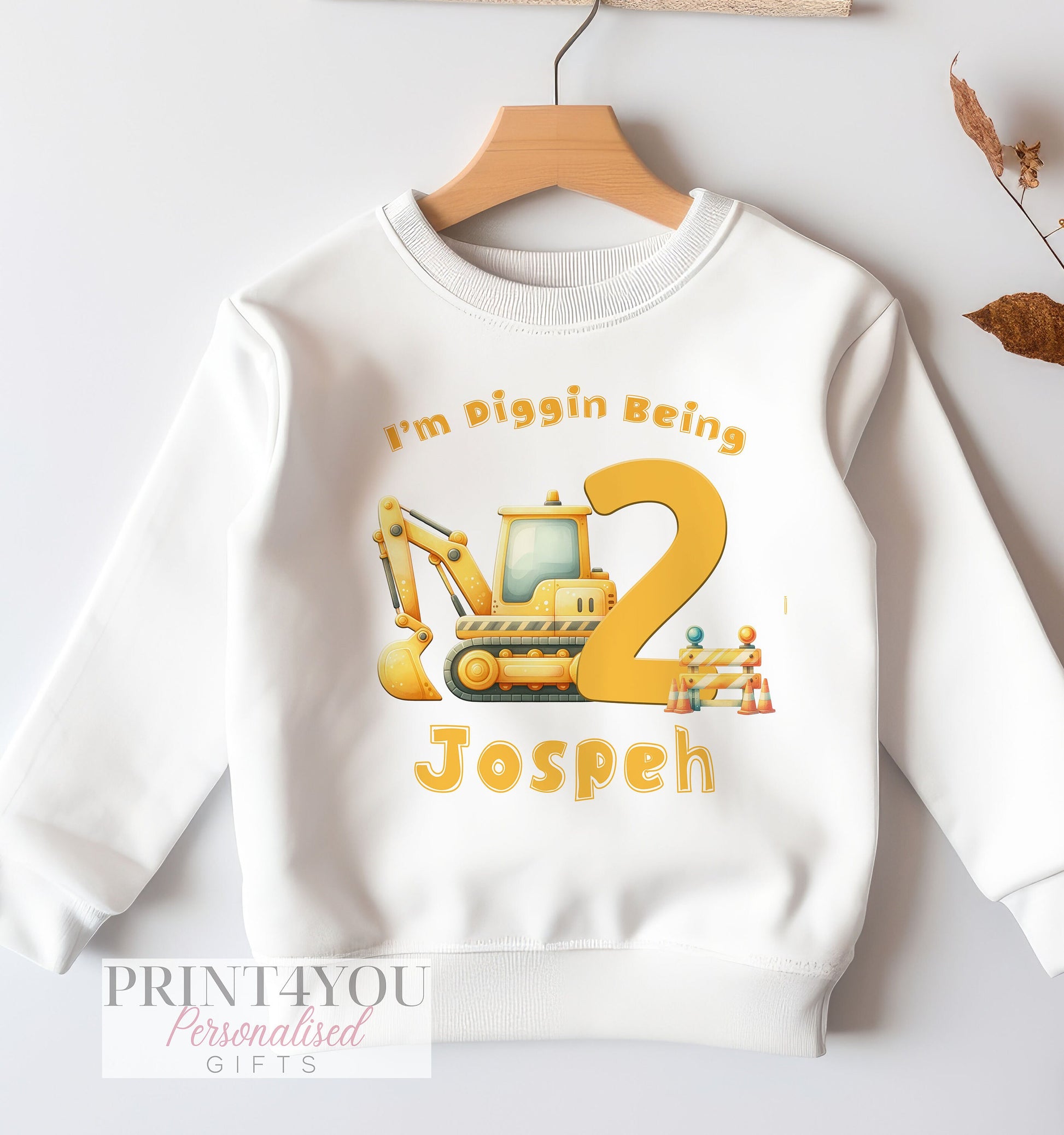 Personalised Digger Birthday Jumper, Birthday Sweatshirt for Children, Any Age Diggin Being, Builder Construction Digger Design - 6-12m