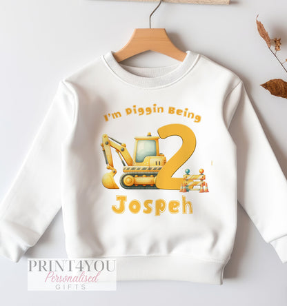 Personalised Digger Birthday Jumper, Birthday Sweatshirt for Children, Any Age Diggin Being, Builder Construction Digger Design - 6-12m