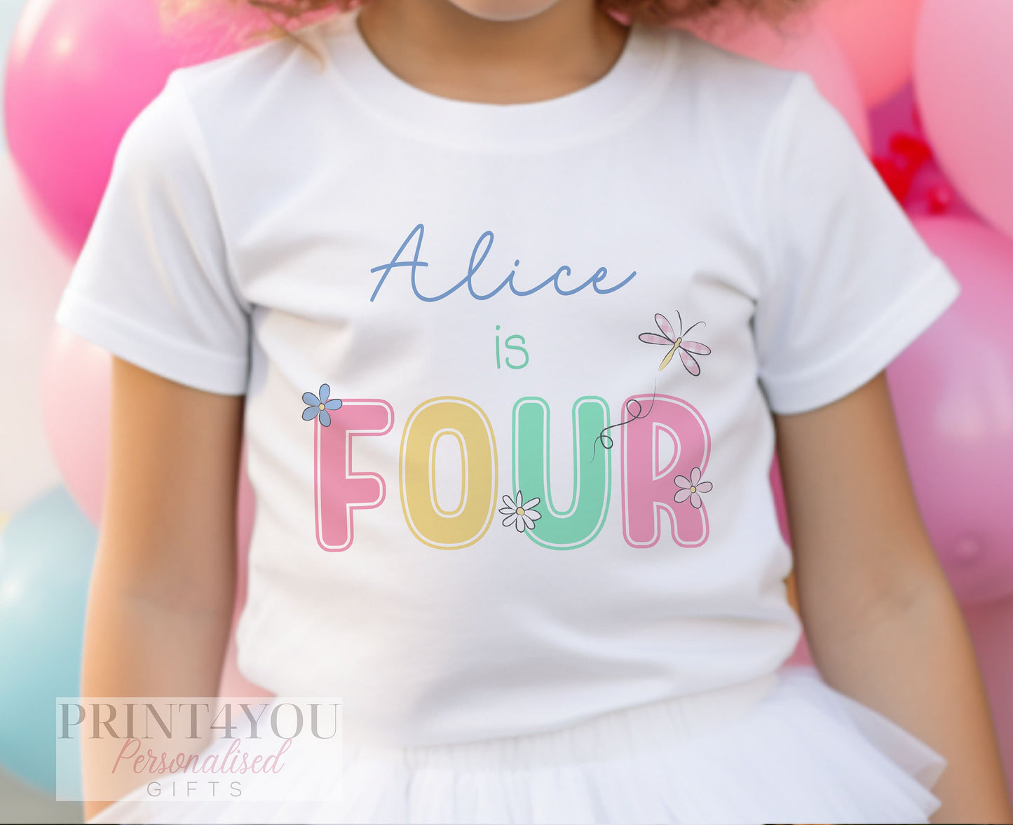 Personalised Pastel Daisy Birthday T – Shirt ANY AGE – Cotton White Top, Any Age, pastel daisy and dragonfly Any Age - 6-12 months