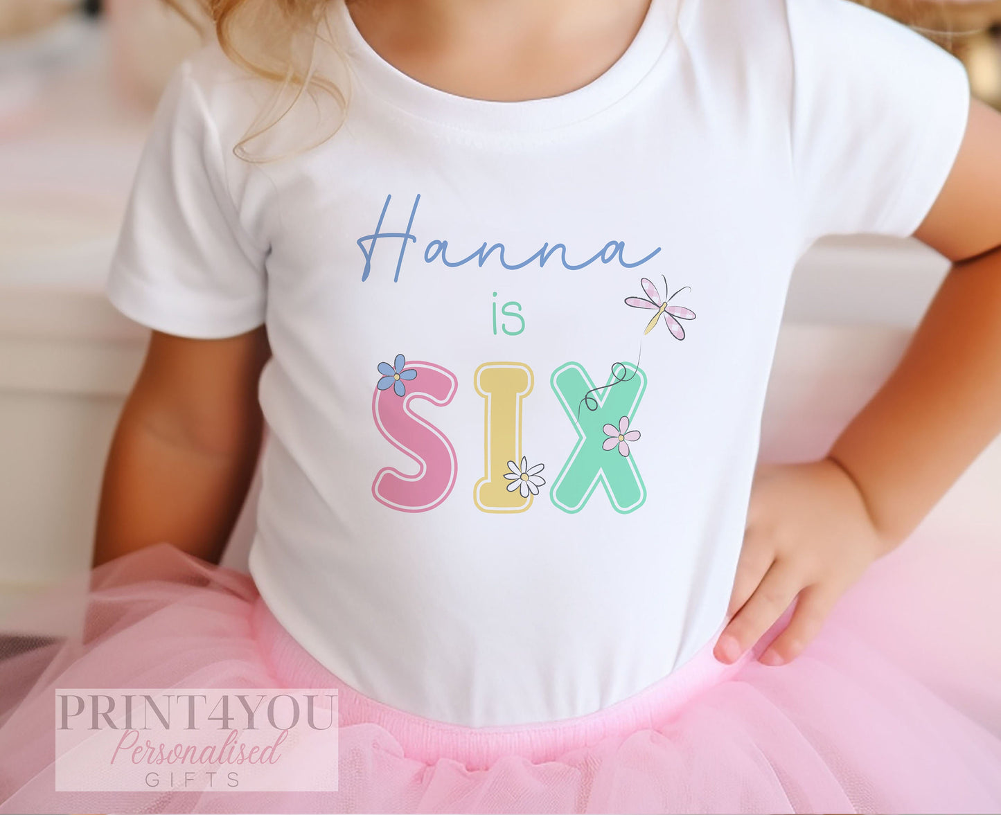 Personalised Pastel Daisy Birthday T – Shirt ANY AGE – Cotton White Top, Any Age, pastel daisy and dragonfly Any Age - 1-2 years