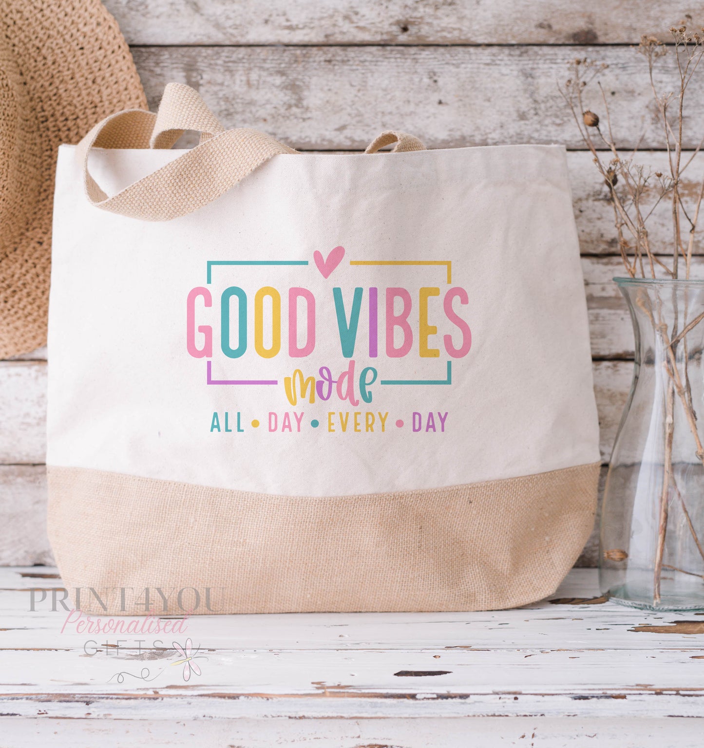 Good Vibes All Day Every Day, Colourful Positivity Gifts, Mug, Bag, Notebook, Passport Cover, make up bags - Large Beach Bag