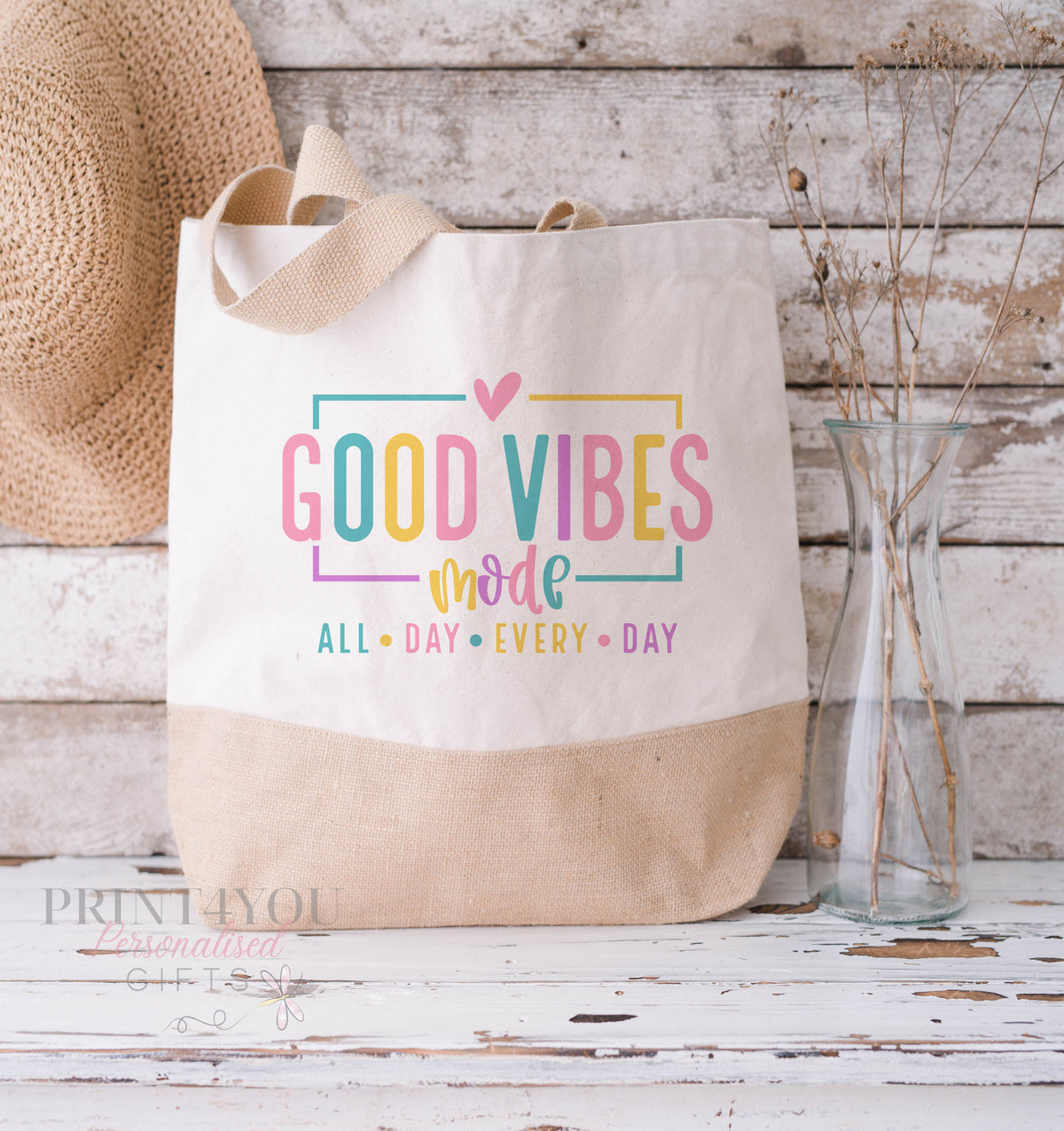 Personalised beach bag, jute bag with name, all day outing bag. Colourful Good Vibes, Positivity Quotes - Large Other