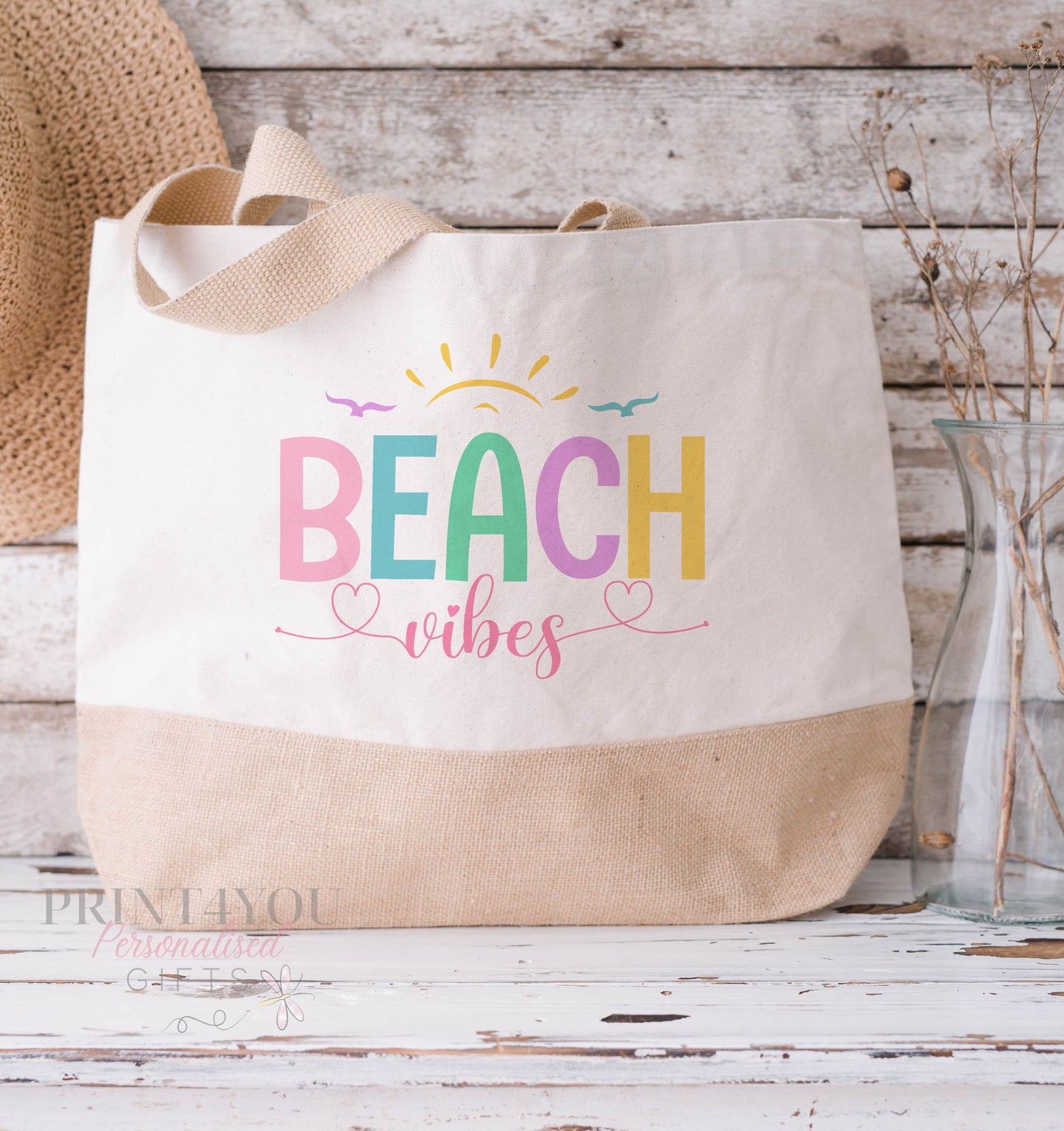 Cotton Jute Beach Vibes Tote Bag – Medium & XL Holiday Shopper