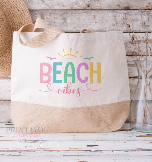 Cotton Jute Beach Vibes Tote Bag – Medium & XL Holiday Shopper