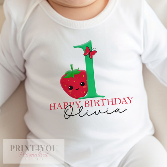 Personalised strawberry first birthday bib with a bold number one and baby's name printed on soft cotton.