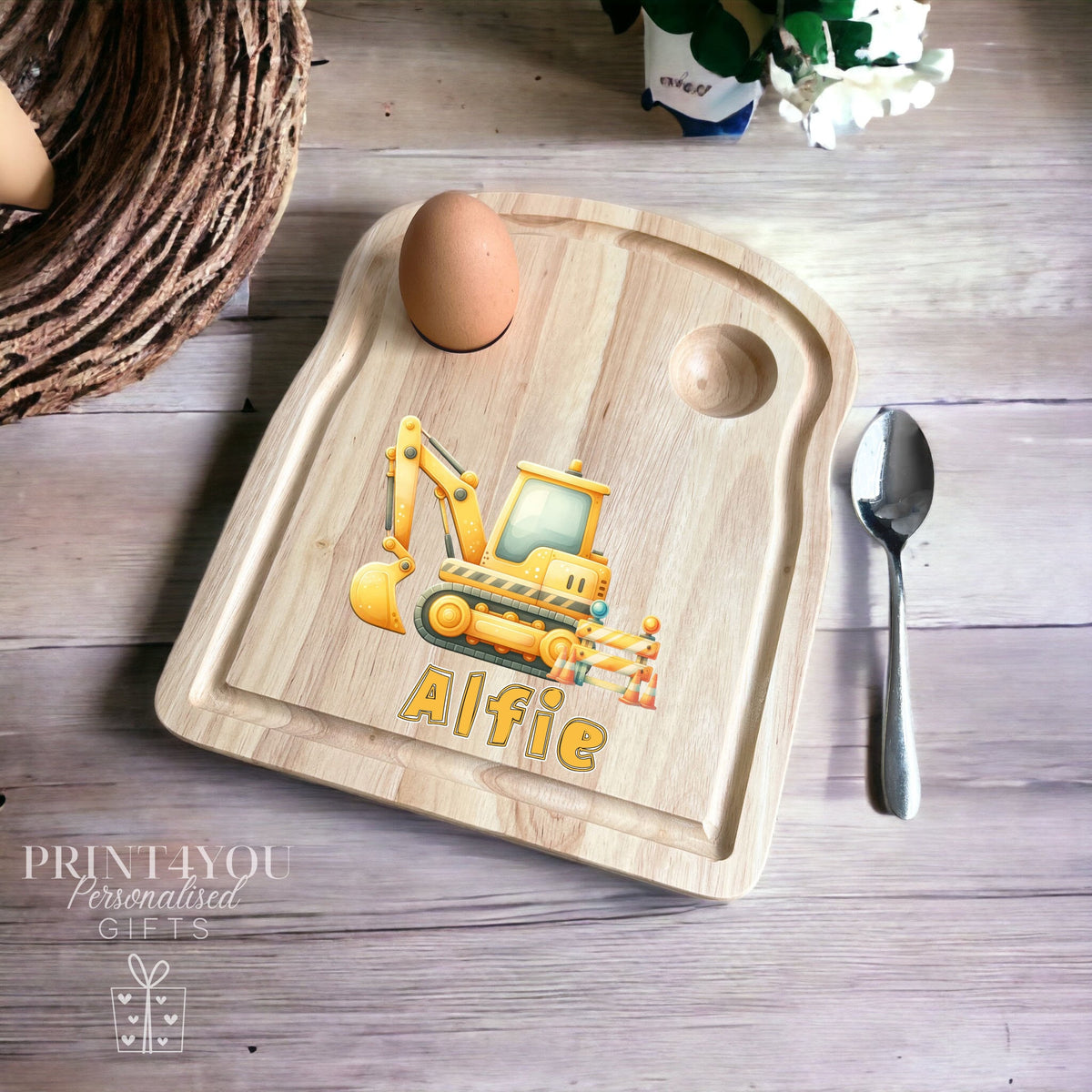 Personalised wooden breakfast board with yellow digger design and dippy egg holder