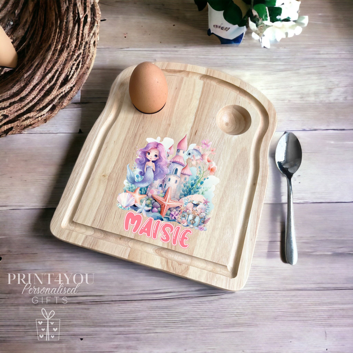 Personalised wooden breakfast board with mermaid design and dippy egg holder
