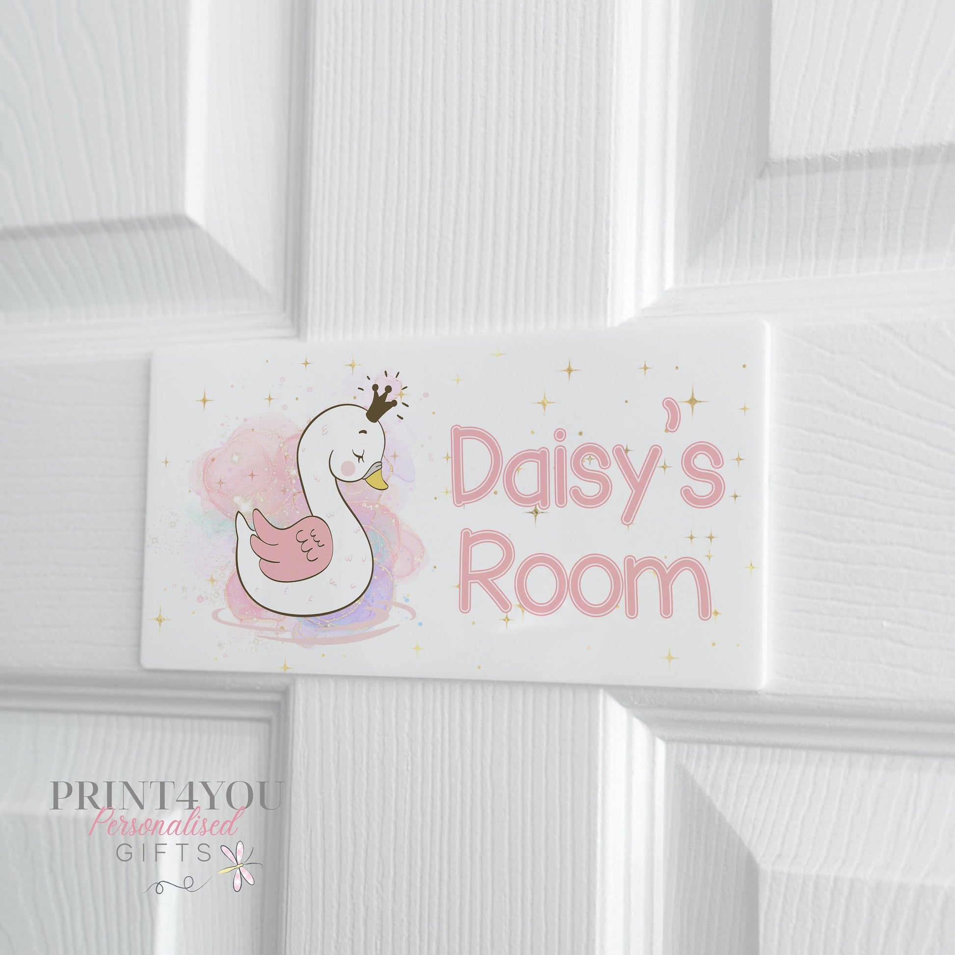 Personalised Bedroom Door Plaque – White Acrylic Kids Name Sign With Princess Swan - Adhesive pads