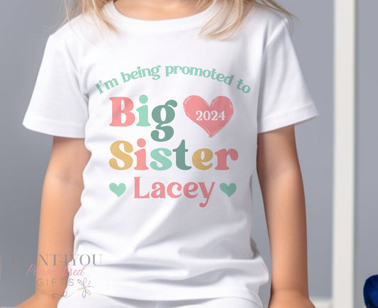 Promoted to Big Sister Heart Design White Personalised Cotton T – Shirt, Big Sister Top, Big Sister Gift, Pregnancy Announcement, Pastel Color - 6-12 months  T-shirt