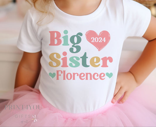 Promoted to Big Sister Heart Design White Personalised Cotton T – Shirt, Big Sister Top, Big Sister Gift, Pregnancy Announcement, Pastel Color - 6-12 months  T-shirt