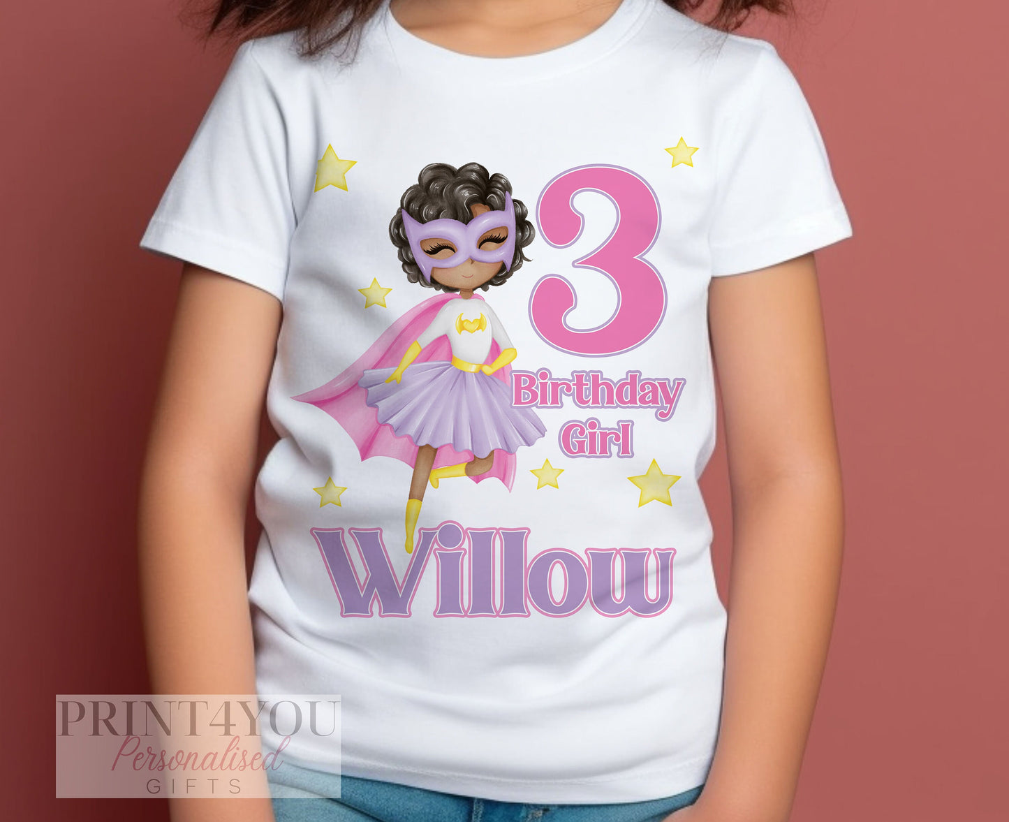 Personalised Super Hero Girl Birthday T – Shirt ANY AGE – Afro Hairstyle Girl Cotton White Top, Brown Skin Girl - 6-12 months