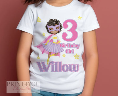 Personalised Super Hero Girl Birthday T – Shirt ANY AGE – Afro Hairstyle Girl Cotton White Top, Brown Skin Girl - 6-12 months