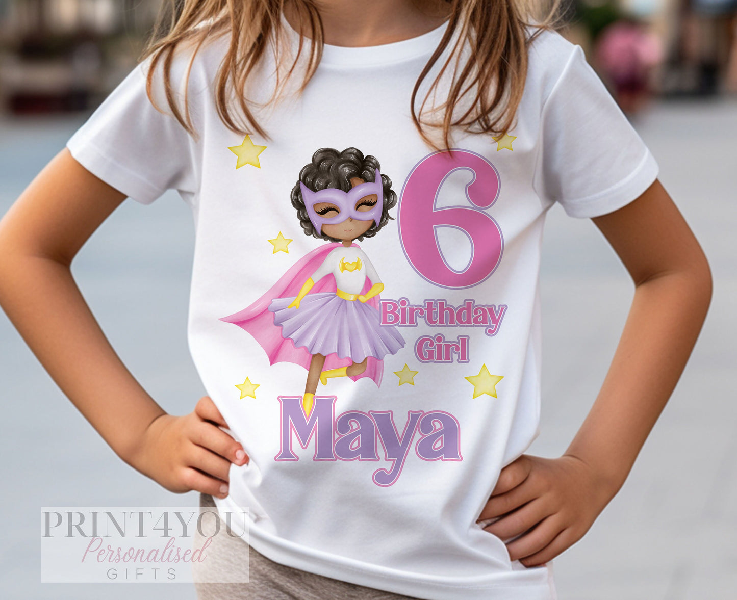 Personalised Super Hero Girl Birthday T – Shirt ANY AGE – Afro Hairstyle Girl Cotton White Top, Brown Skin Girl - 6-12 months