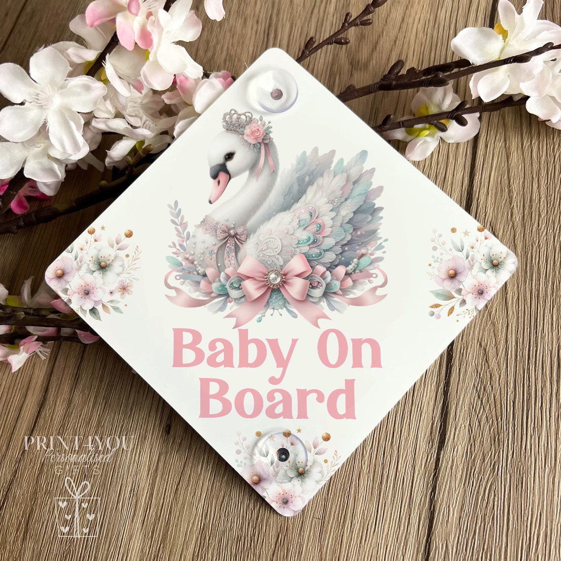 Baby on board aluminium car window sign with suction cups attached, swan design