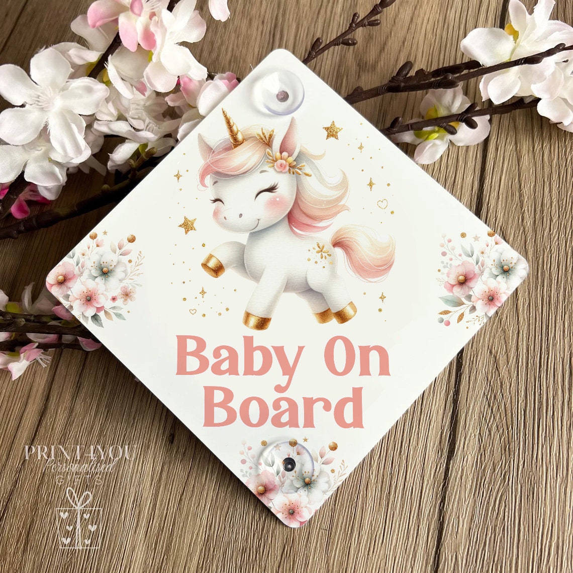 Baby on board aluminium car window sign with suction cups attached, floral unicorn design