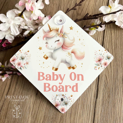 Baby on board aluminium car window sign with suction cups attached, floral unicorn design